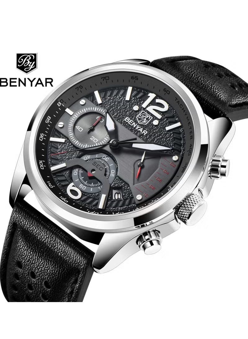 BENYAR Men's Quartz Watches Genuine Leather Sports Wrist Watch for Men Waterproof,Silver Black - Image 1